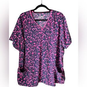 Happy Scrubs Heart Print Scrub Top 2X Navy Pink V-Neck valentine